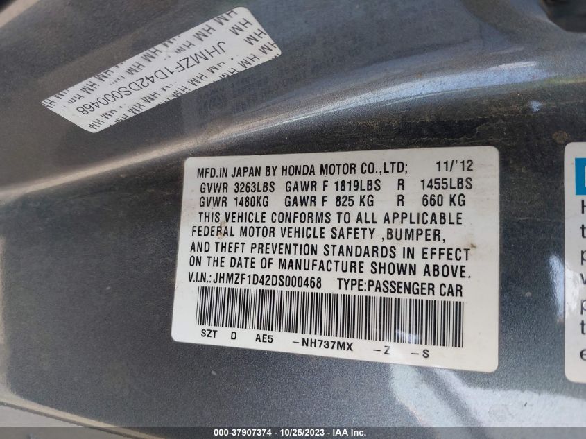 2013 HONDA CR-Z JHMZF1D42DS000468