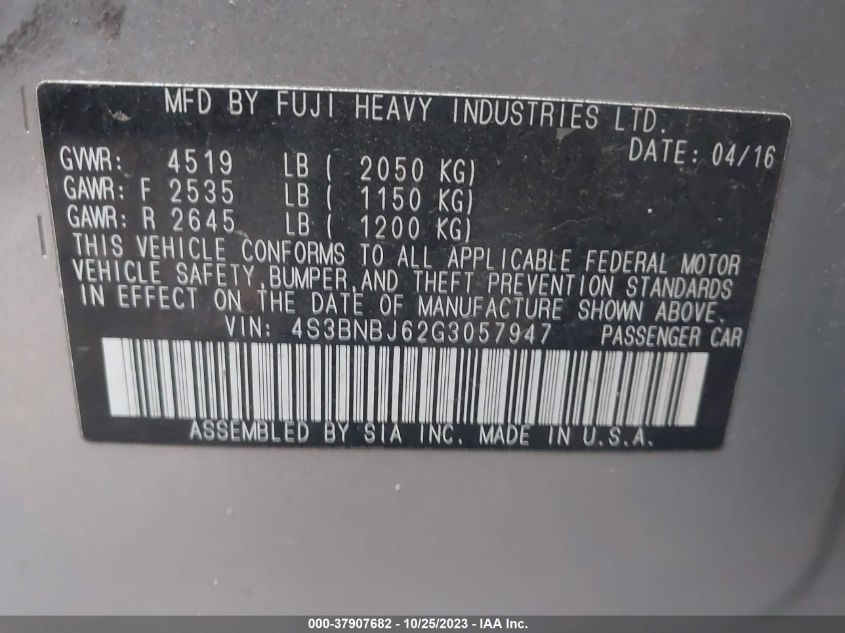 2016 SUBARU LEGACY 2.5I LIMITED - 4S3BNBJ62G3057947