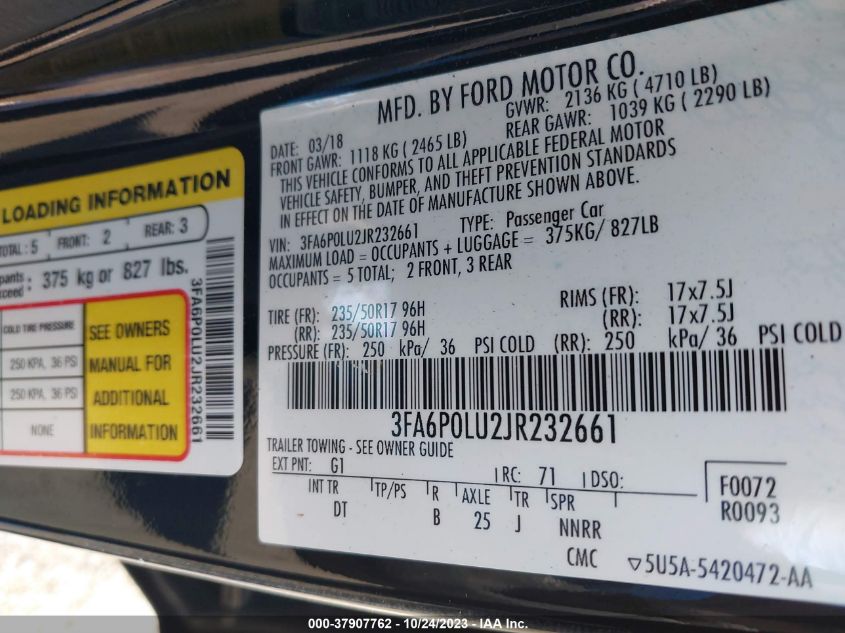 2018 FORD FUSION HYBRID SE - 3FA6P0LU2JR232661