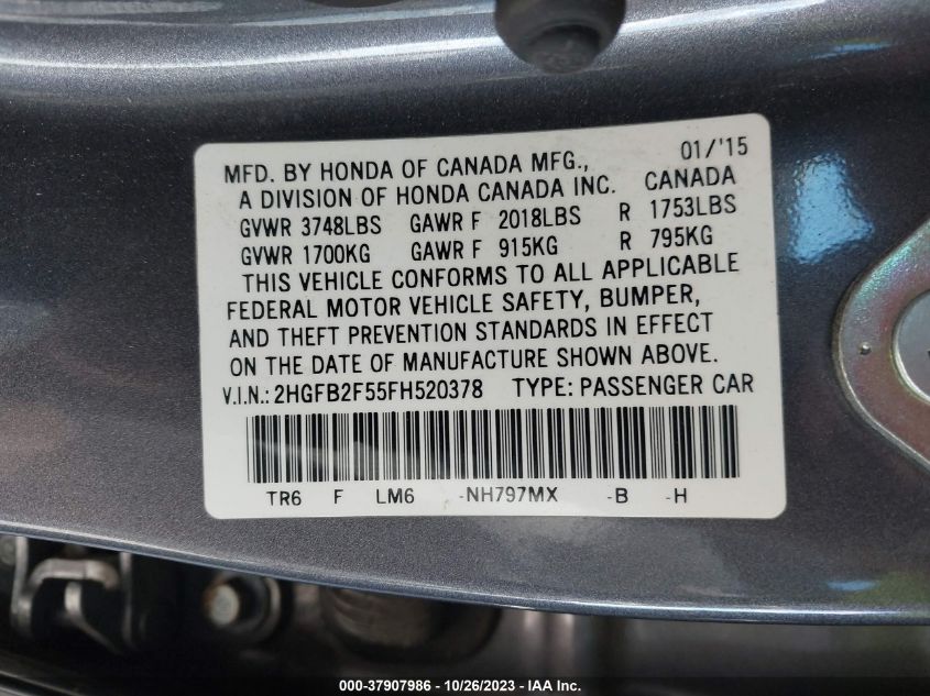 2015 HONDA CIVIC LX - 2HGFB2F55FH520378
