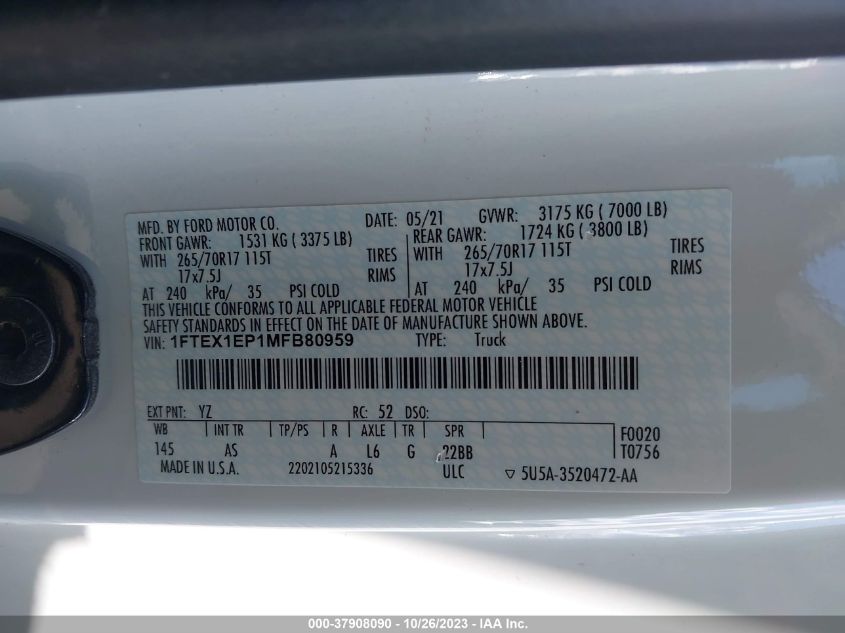2021 FORD F-150 XL/XLT/LARIAT - 1FTEX1EP1MFB80959