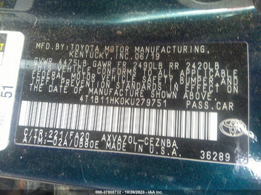 2019 TOYOTA CAMRY LE - 4T1B11HK0KU279751