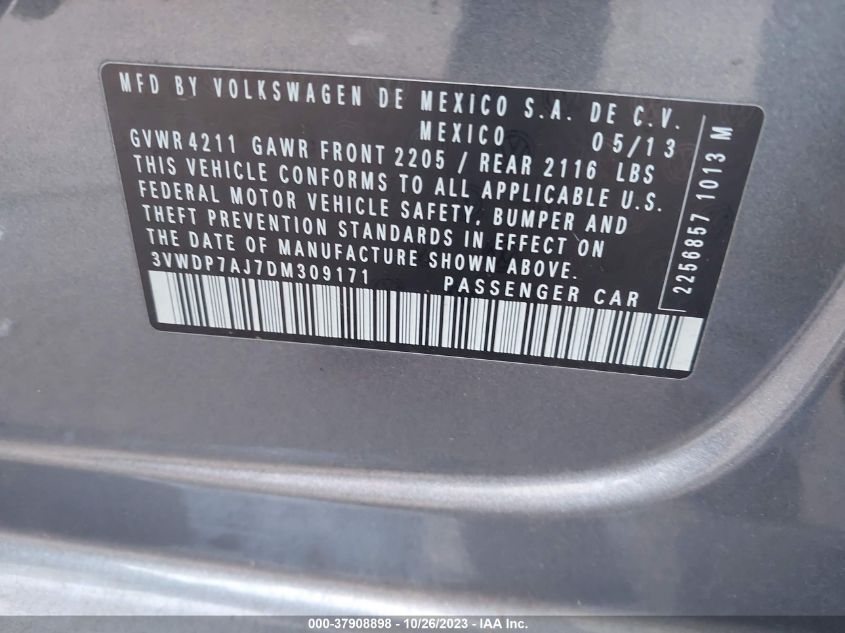 2013 VOLKSWAGEN JETTA SEDAN SE W/CONVENIENCE 3VWDP7AJ7DM309171
