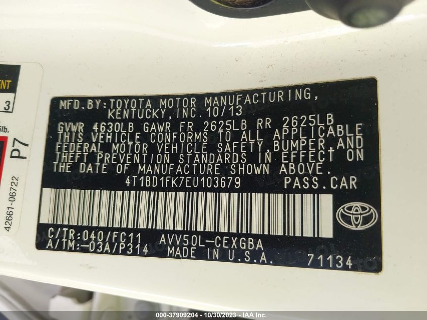 2014 TOYOTA CAMRY HYBRID LE/XLE/SE LIMITED EDITION - 4T1BD1FK7EU103679