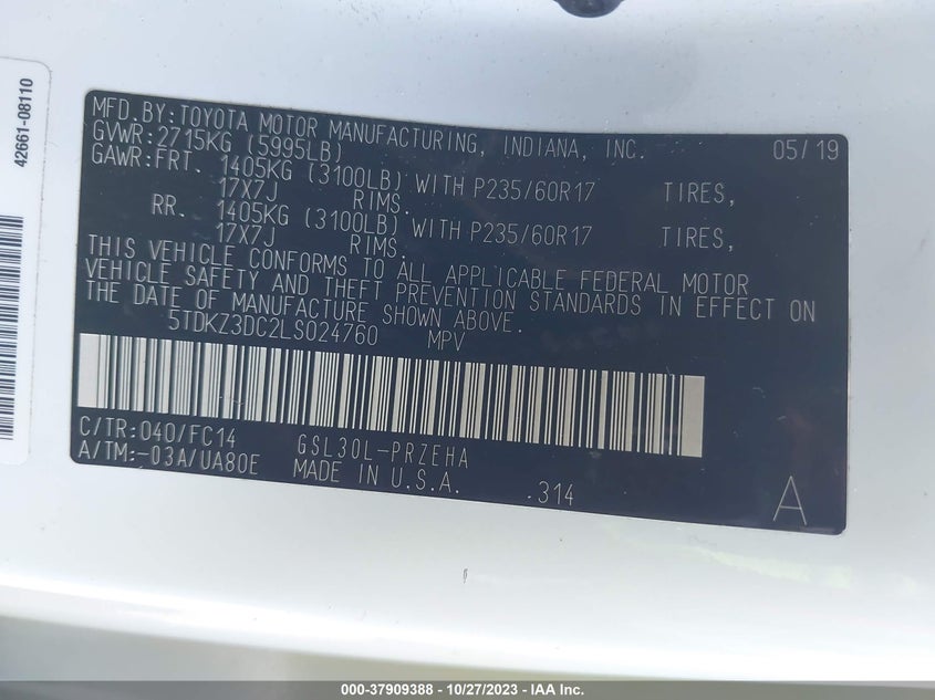 VIN 5TDKZ3DC2LS024760 2020 TOYOTA SIENNA LE