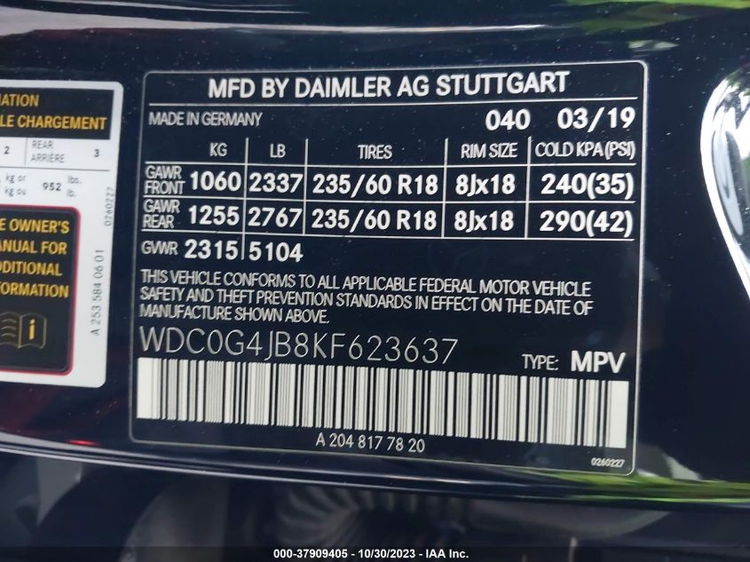 VIN WDC0G4JB8KF623637 2019 MERCEDES-BENZ GLC 300