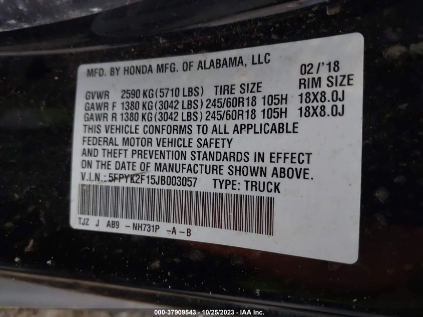 2018 HONDA RIDGELINE SPORT - 5FPYK2F15JB003057