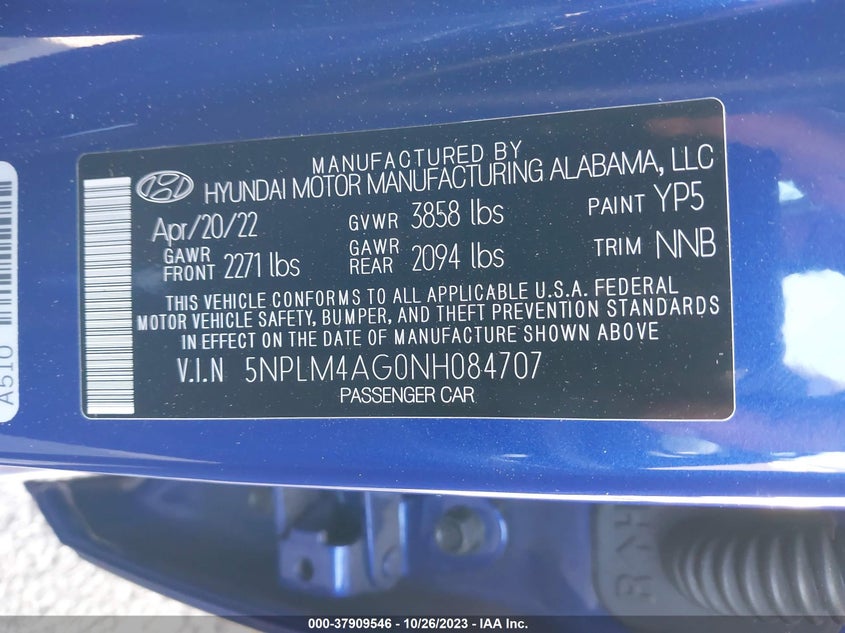 VIN 5NPLM4AG0NH084707 2022 HYUNDAI ELANTRA SEL