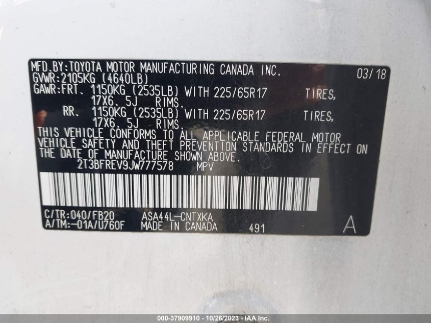 2018 TOYOTA RAV4 LE - 2T3BFREV9JW777578