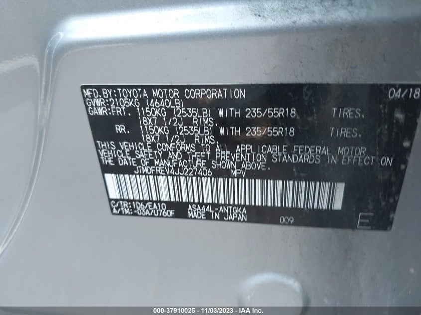 VIN JTMDFREV4JJ227406 2018 TOYOTA RAV4 LIMITED/PLATINUM