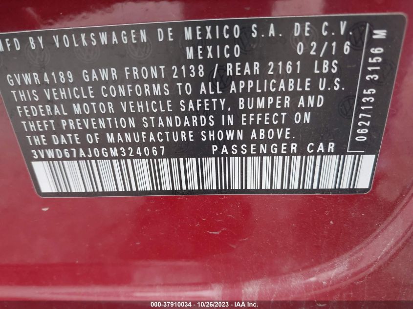 2016 VOLKSWAGEN JETTA SEDAN 1.4T SE 3VWD67AJ0GM324067