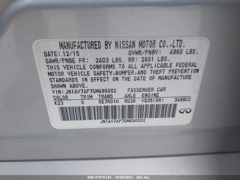 2016 INFINITI Q50 HYBRID JN1AV7AP7GM490002
