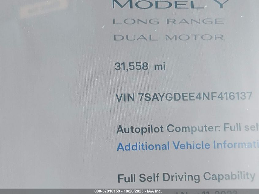 2022 TESLA MODEL Y LONG RANGE - 7SAYGDEE4NF416137