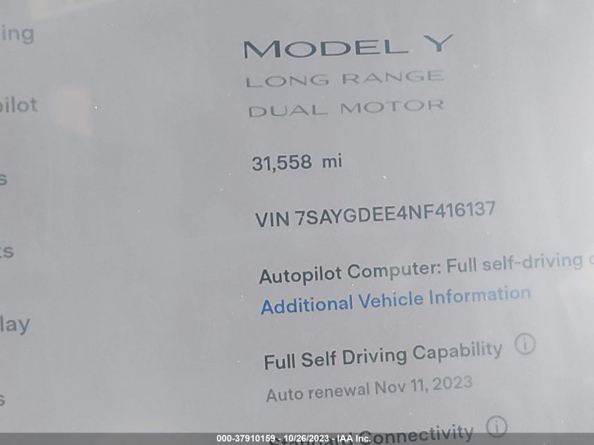 2022 TESLA MODEL Y LONG RANGE - 7SAYGDEE4NF416137