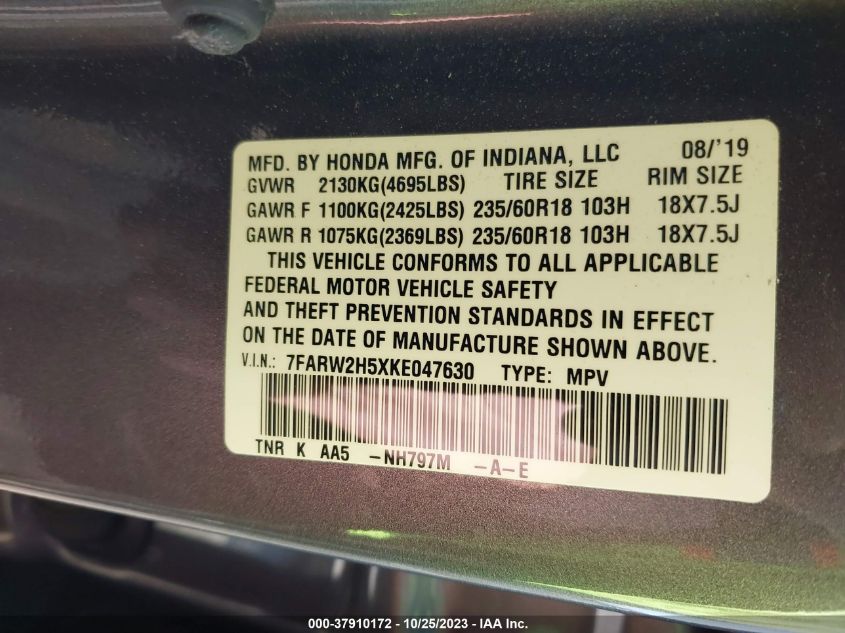 VIN 7FARW2H5XKE047630 2019 HONDA CR-V EX