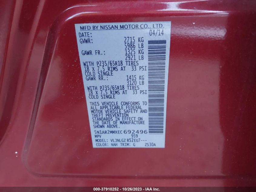 2014 NISSAN PATHFINDER SL - 5N1AR2MMXEC692496