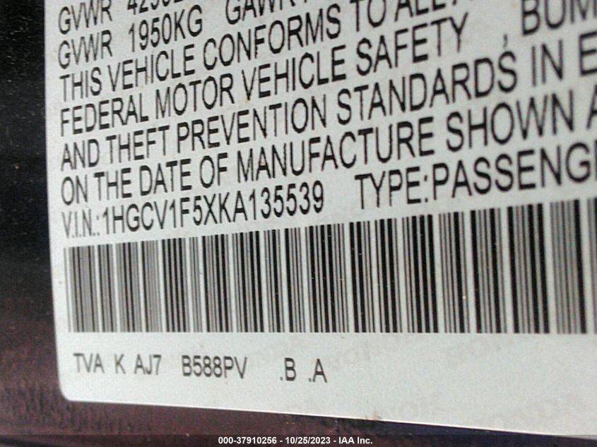 2019 HONDA ACCORD EX-L - 1HGCV1F5XKA135539