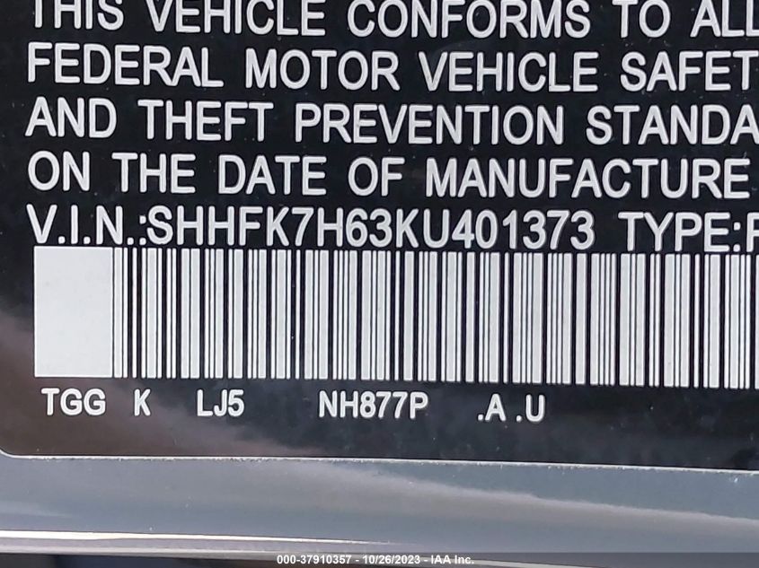 2019 HONDA CIVIC EX - SHHFK7H63KU401373