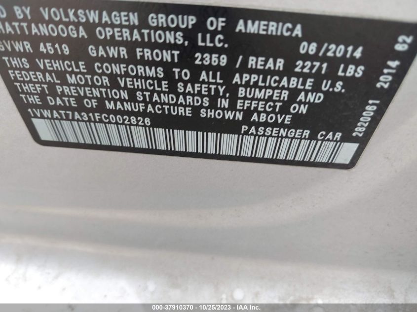 2015 VOLKSWAGEN PASSAT 1.8T WOLFSBURG ED - 1VWAT7A31FC002826