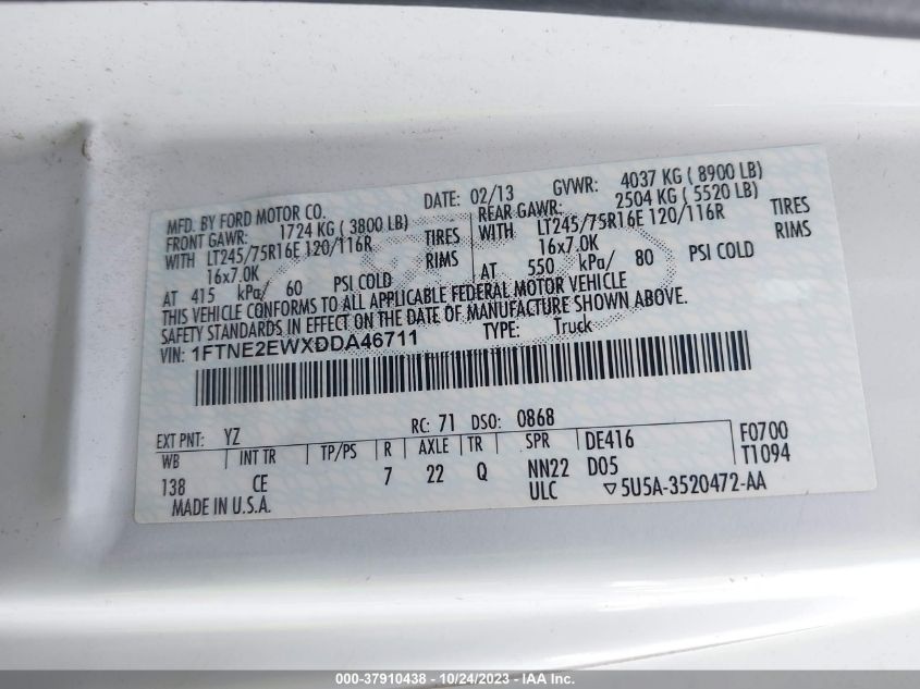 2013 FORD ECONOLINE CARGO VAN COMMERCIAL/RECREATIONAL 1FTNE2EWXDDA46711