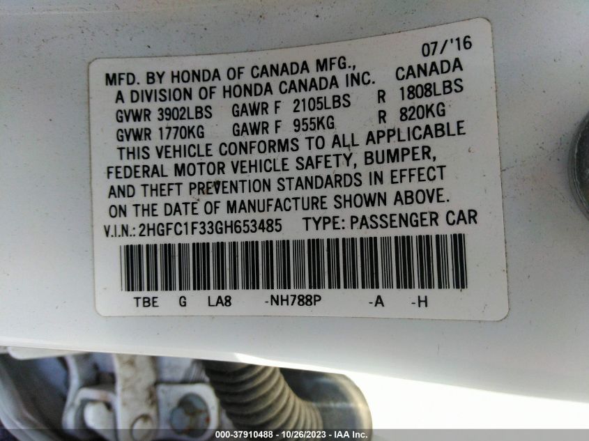 2016 HONDA CIVIC EX-T - 2HGFC1F33GH653485