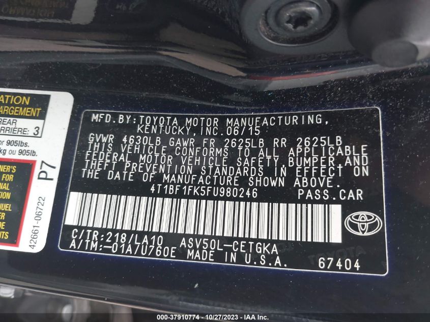2015 TOYOTA CAMRY XLE/SE/LE/XSE - 4T1BF1FK5FU980246