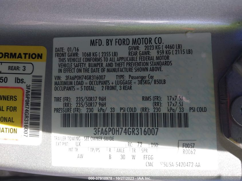 2016 FORD FUSION SE - 3FA6P0H74GR316007