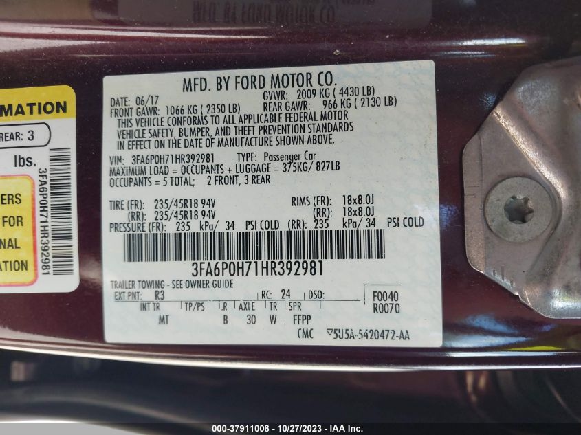 2017 FORD FUSION SE - 3FA6P0H71HR392981