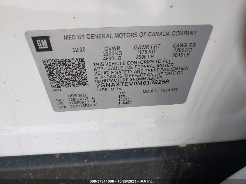 2021 CHEVROLET EQUINOX LT - 2GNAXTEV0M6138258