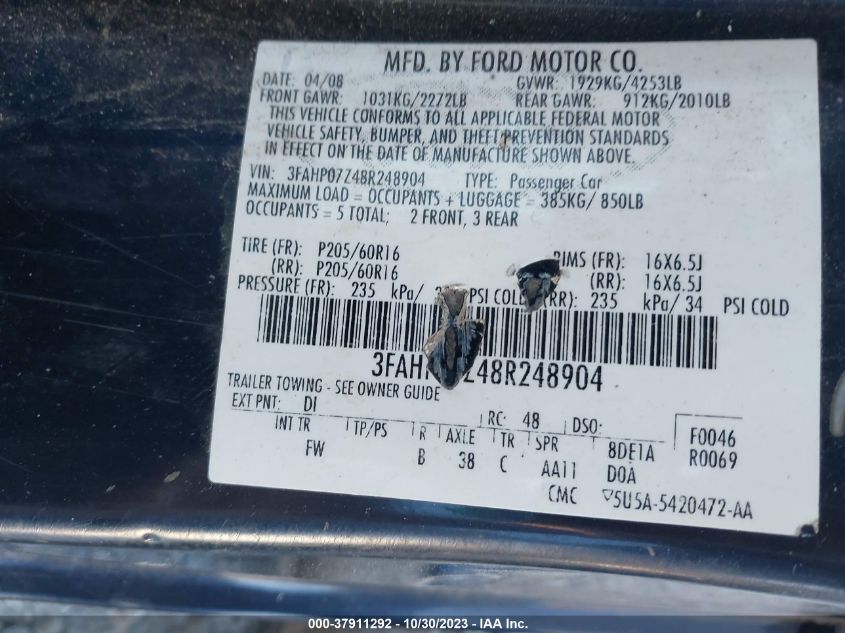 3FAHP07Z48R248904 | 2008 FORD FUSION