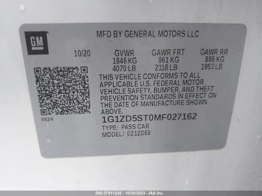 2021 CHEVROLET MALIBU LT - 1G1ZD5ST0MF027162