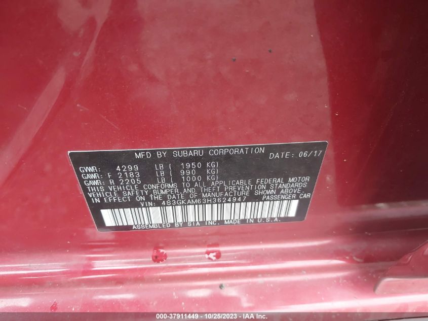 2017 SUBARU IMPREZA 2.0I SPORT 4S3GKAM63H3624947