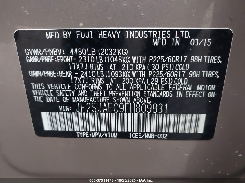 2015 SUBARU FORESTER 2.5I PREMIUM - JF2SJAFC9FH809831