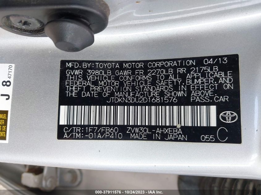 2013 TOYOTA PRIUS ONE/TWO/THREE/FOUR/FIVE - JTDKN3DU2D1681576