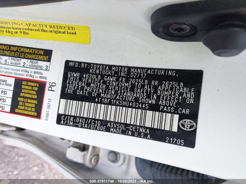 2017 TOYOTA CAMRY LE/XLE/SE/XSE - 4T1BF1FK5HU403445