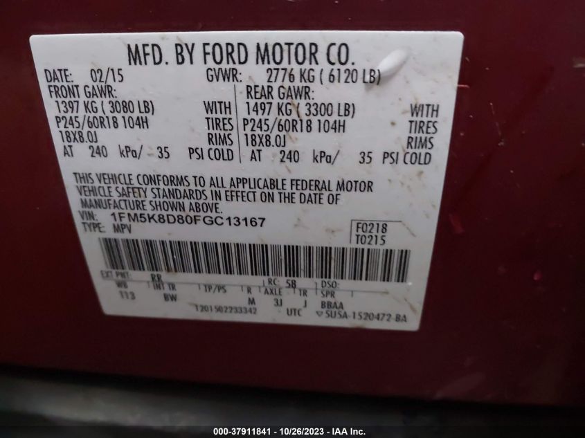 2015 FORD EXPLORER XLT - 1FM5K8D80FGC13167