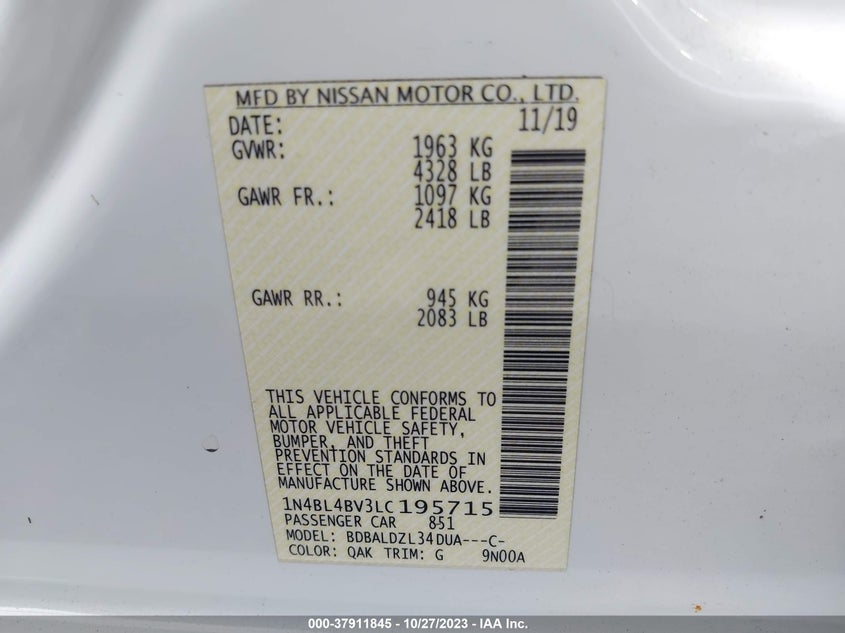 VIN 1N4BL4BV3LC195715 2020 NISSAN ALTIMA S