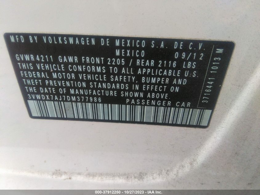 2013 VOLKSWAGEN JETTA SEDAN SE W/CONVENIENCE/SUNROOF 3VWDX7AJ7DM377986