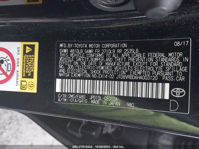 2017 TOYOTA MIRAI JTDBVRBD6HA003120