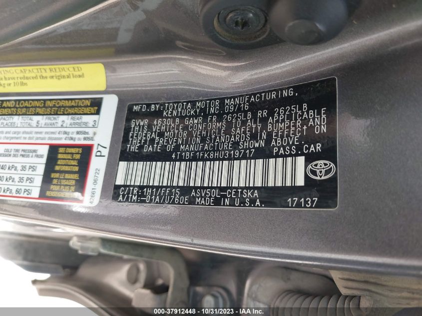 2017 TOYOTA CAMRY XLE/SE/LE/XSE - 4T1BF1FK8HU319717