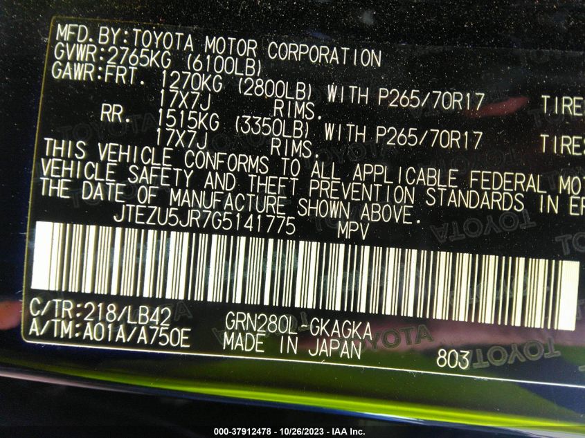 2016 TOYOTA 4RUNNER SR5/LIMITED/SR5 PREMIUM - JTEZU5JR7G5141775