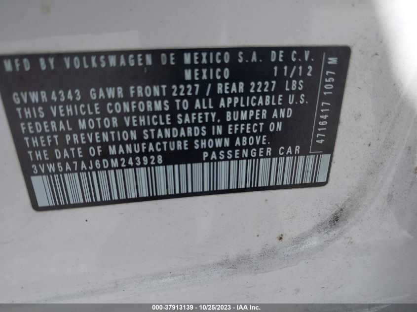 2013 VOLKSWAGEN GLI 3VW5A7AJ6DM243928