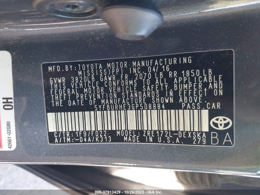 2016 TOYOTA COROLLA L/LE/S/S PLUS/LE PLUS - 5YFBURHE3GP508884