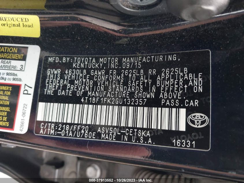 2016 TOYOTA CAMRY - 43T1BF1FK2GU13235