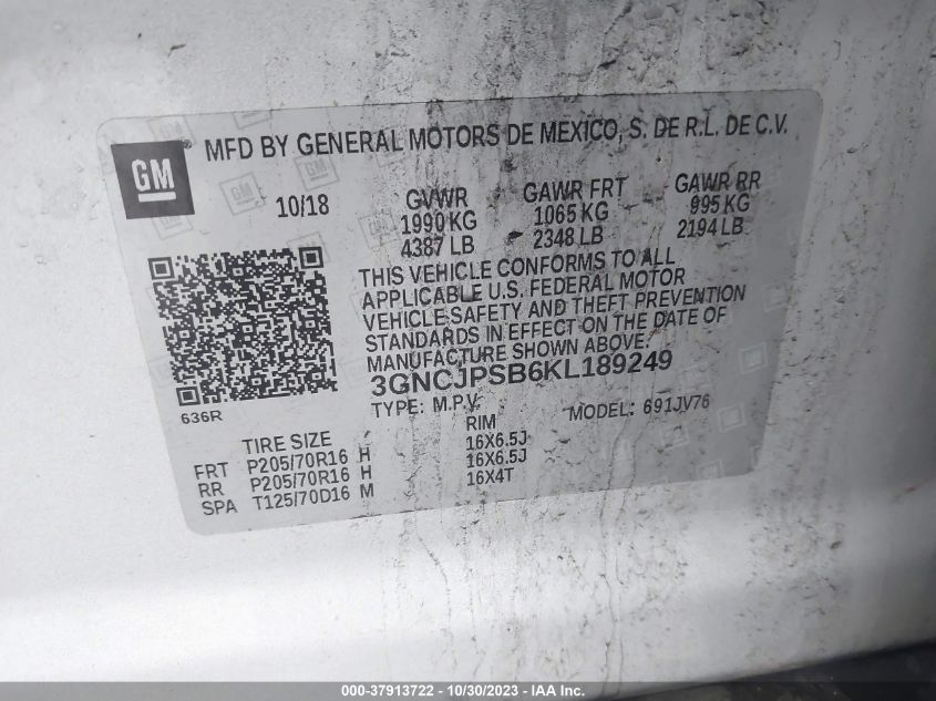 2019 CHEVROLET TRAX 1LT - 3GNCJPSB6KL189249