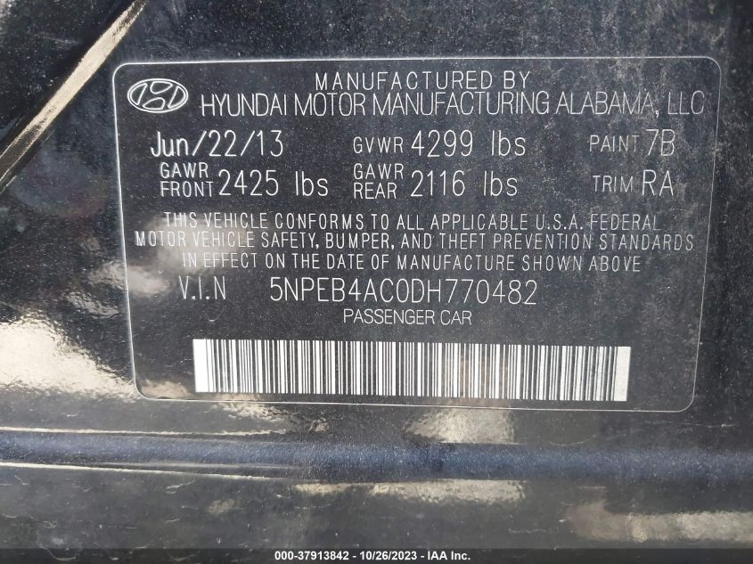 2013 HYUNDAI SONATA GLS PZEV - 5NPEB4AC0DH770482