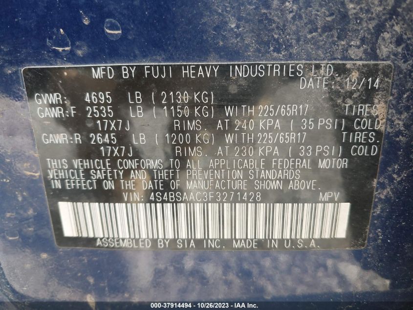 2015 SUBARU OUTBACK 2.5I - 4S4BSAAC3F3271428