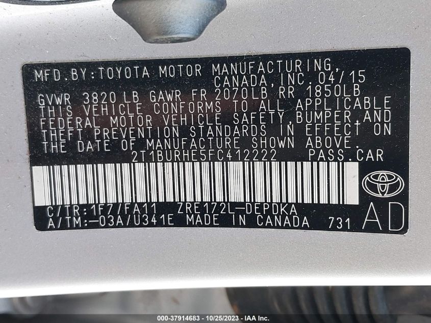 2015 TOYOTA COROLLA L/LE/S/S PLUS/LE PLUS - 2T1BURHE5FC412222