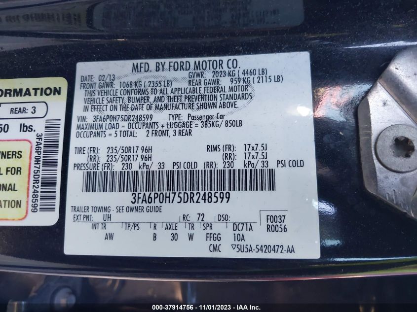 2013 FORD FUSION SE - 3FA6P0H75DR248599