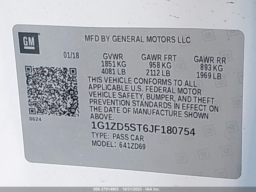 2018 CHEVROLET MALIBU LT - 1G1ZD5ST6JF180754